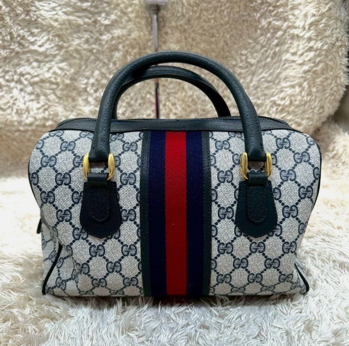 Gucci Ophidia Web Stripe GG Supreme 2-Way Mini Boston Bag Navy PVC Authentic