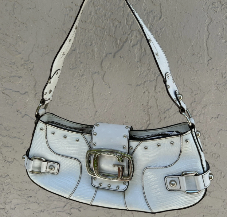 Vintage Guess Y2K 90s 2000s Studded Hand Shoulder Bag Purse White Croc Skin