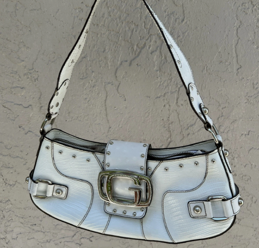 Vintage Guess Y2K 90s 2000s Studded Hand Shoulder Bag Purse White Croc Skin