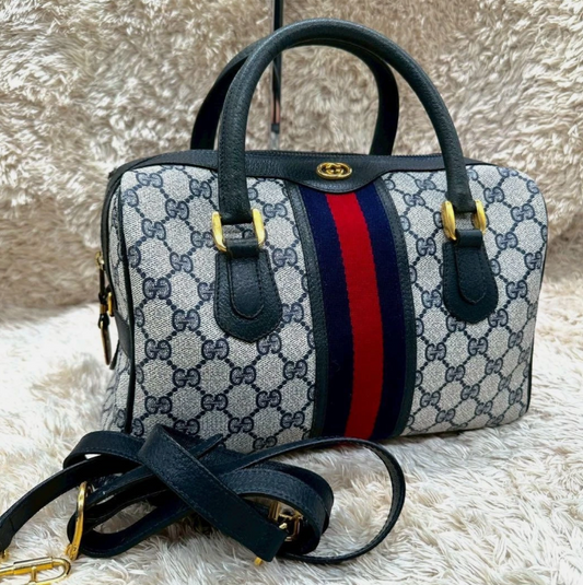 Gucci Ophidia Web Stripe GG Supreme 2-Way Mini Boston Bag Navy PVC Authentic