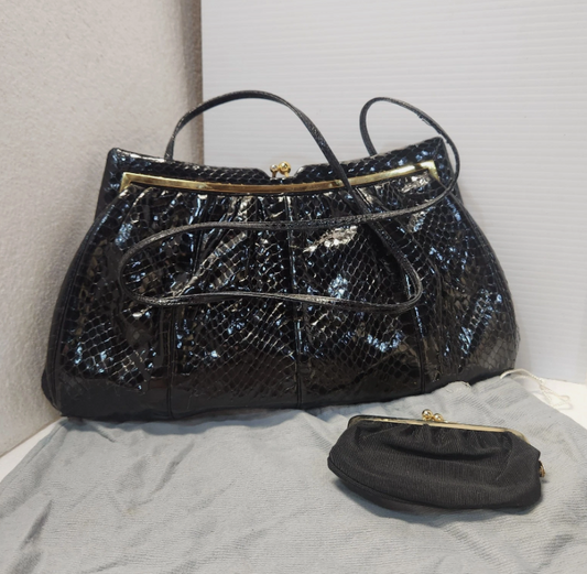 JUDITH LEIBER Black Snake Skin Evening Clutch Handbag & coin purse & dust bag