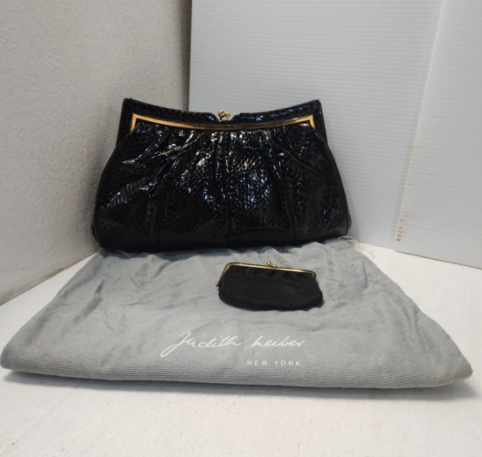 JUDITH LEIBER Black Snake Skin Evening Clutch Handbag & coin purse & dust bag