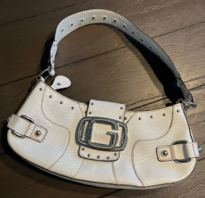 Vintage Guess Y2K 90s 2000s Studded Hand Shoulder Bag Purse White Croc Skin