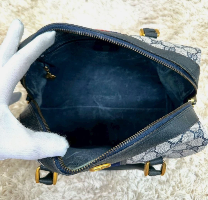 Gucci Ophidia Web Stripe GG Supreme 2-Way Mini Boston Bag Navy PVC Authentic