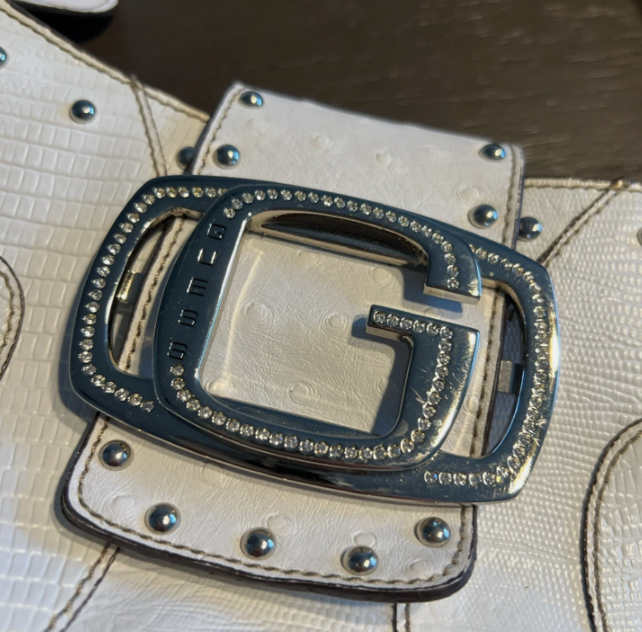 Vintage Guess Y2K 90s 2000s Studded Hand Shoulder Bag Purse White Croc Skin