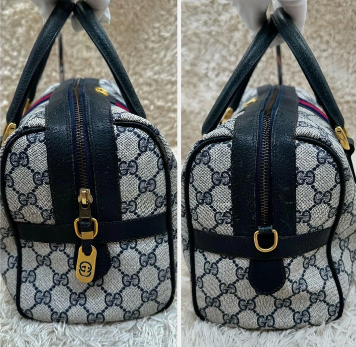 Gucci Ophidia Web Stripe GG Supreme 2-Way Mini Boston Bag Navy PVC Authentic