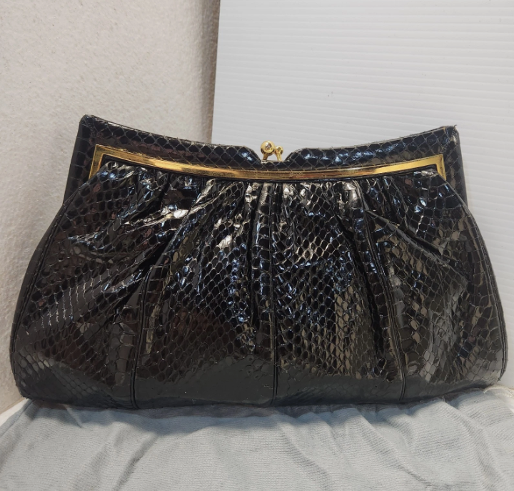 JUDITH LEIBER Black Snake Skin Evening Clutch Handbag & coin purse & dust bag