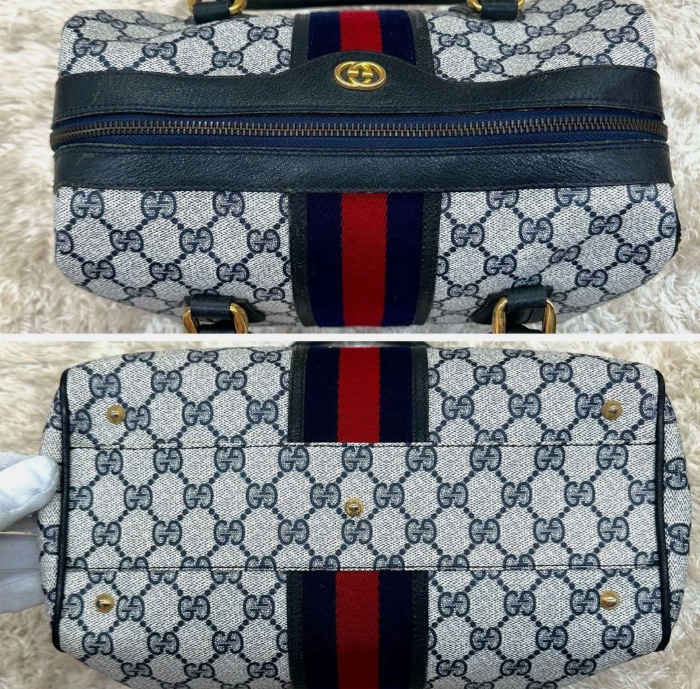 Gucci Ophidia Web Stripe GG Supreme 2-Way Mini Boston Bag Navy PVC Authentic