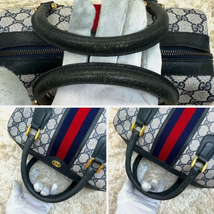 Gucci Ophidia Web Stripe GG Supreme 2-Way Mini Boston Bag Navy PVC Authentic