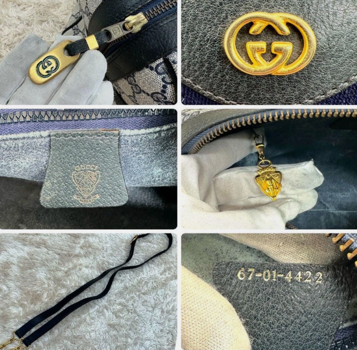 Gucci Ophidia Web Stripe GG Supreme 2-Way Mini Boston Bag Navy PVC Authentic